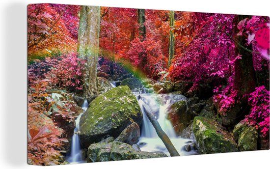 OneMillionCanvasses Canvas schilderij 160x80 cm - Regenboog Waterval Bomen - Multicolor