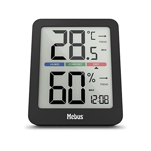 Mebus Digitaal klimaatstation met binnenthermometer en hygrometer, klok, comfortindicator voor perfecte kamertemperatuur, displayverlichting, min-/max-functie, trendweergave, kleur: zwart, model: 1115