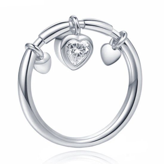 LGT JWLS Lookinggoodtoday Zilverkleurige Dames Ring met Hart Hanger van Zirkonia-17mm