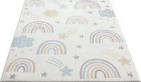 the carpet Beat Kids modern zacht kindertapijt, zachte pool, gemakkelijk te reinigen, kleurecht, regenboog & sterren motief, crème met regenbogen en wolken, 200 x 280 cm