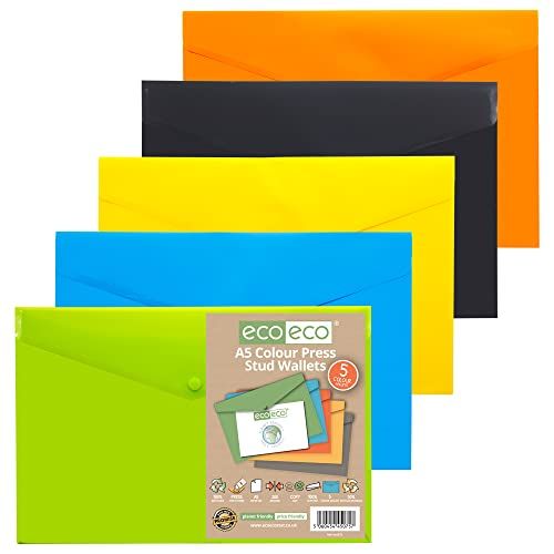 eco-eco A5 50% gerecycleerde geassorteerde kleuren Press Stud Popper portemonnee, plastic mappen (Pack van 5)