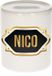 Bellatio Decorations Shoppartners Bv Spaarpot met voornaam Nico - wit - met goud/zwart embleem - 8 x 9 cm - keramiek - met afsluitdop - cadeau verjaardag