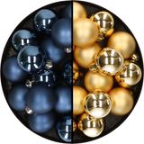Decoris Kerstversiering 32x stuks kunststof kerstballen mix van donkerblauw en goud 4 cm