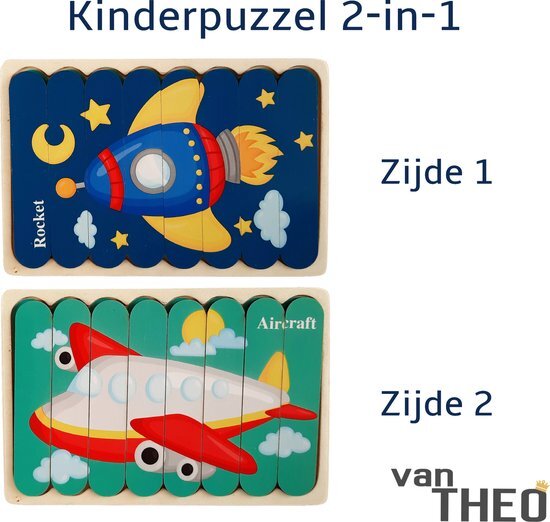 van Theo Houten Puzzel - Dubbelzijdige Kinderpuzzels - Set 2-in-1 - Montessori Speelgoed - Set Raket en Vliegtuig