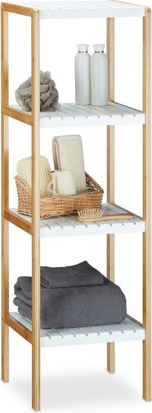 Relaxdays Badkamerrek Bamboe - 4 Planken - Wit/Natuur - 110x33x34 cm