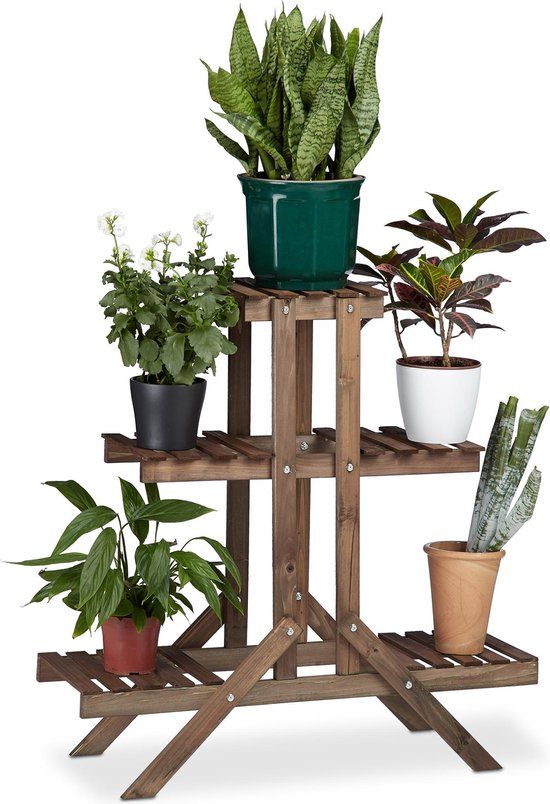 Relaxdays plantenrek met 3 etages - hout - donkerbruin
