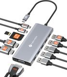 NOVOO USB C dockingstation 12-in-1 met drievoudig display, 2 HDMI- en VGA-poorten, PD-opladen 100 W, 3 data-poorten met 10 Gbit/s, SD/TF-kaartlezer, voor MacBook, PC Dell, HP en Lenovo