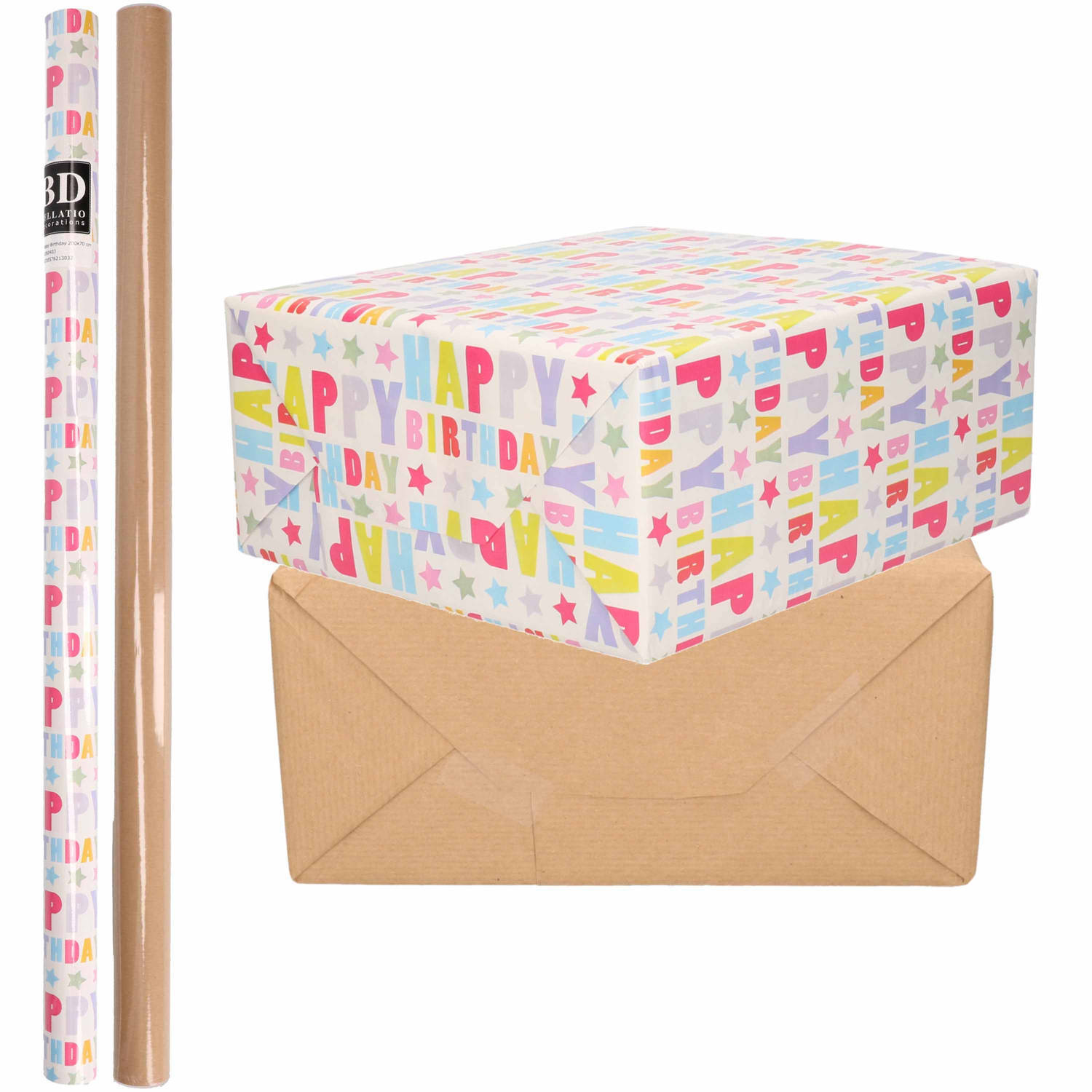 Bellatio Decorations 4x Rollen kraft inpakpapier happy birthday pakket - bruin 200 x 70 cm - cadeau/verzendpapier