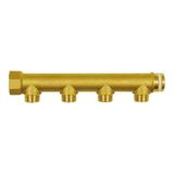 Verdeelstuk, RIEGLER Verdeelstuk, 4 uitgangen, ingang 2 x 3/4 met PTFE-afdichtring, uitgang 4 x buitendraad 1/2, messing