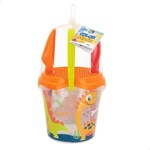 COLORBABY - Strandemmer Dino Beach 18 cm met zijde, schep, hark en 2 vormen in het net, meerkleurig (Baby 49559)