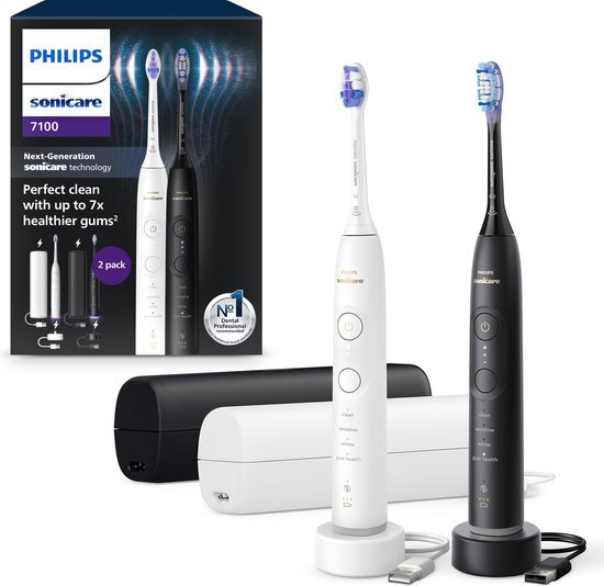 Philips Sonicare 7100 Series - Elektrische Tandenborstels - Wit & Zwart - Duopack – Reisetui - HX7429/02