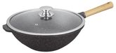Wok, 32 cm, 5,0 litres, aluminium, avec un revêtement pierre, manche en bois, couvercle en verre