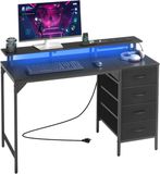 VEVOR 120 cm Computer Bureau met Slimme LED-verlichting en Stroomstopcontacten, Gaming Office Bureau met 4 Grote Lades, Monitorstandaard, Studie Werk voor Home Office, Kleine Ruimtes, Eenvoudige Opbergoplossing, Zwart