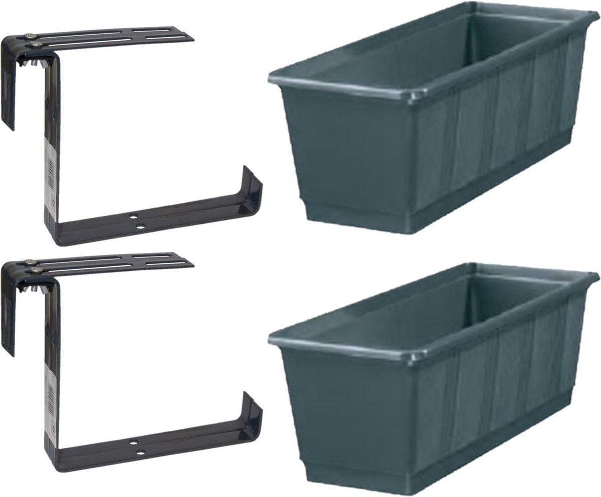 Geli Set van 4 plantenbakken grijs rechthoekig 60 cm met 8 verstelbare railing beugels