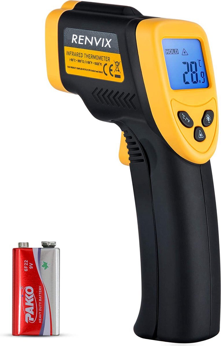 Renvix Digitale Infrarood Thermometer - van -50? tot 550? - Batterij Inbegrepen - Gebruik voor Binnen en Buiten - Temperatuurmeter met LCD scherm - in ? en ? - Infrarood Thermometer - Warmtemeter met Ingebouwde Laser