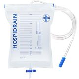 AIESI® Urine opvangzak voor bed 2 liter buis van 120 cm met dwarsaftapkraan (T) en terugslagklep HospIDRAIN (Pak van 25 stuks)