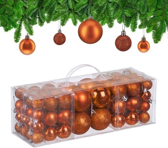 Relaxdays Kerstballen set van 76, kunststof, oranje