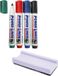 Merkloos Creativ Company B.V. Whiteboard stiften 4x gekleurd - en een whiteboard wisser - complete set - kantoor/thuis - Power Liners met punt van 4 mm
