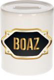 Bellatio Decorations Shoppartners Bv Spaarpot met voornaam Boaz - wit - met goud/zwart embleem - 8 x 9 cm - keramiek - met afsluitdop - cadeau verjaardag