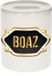 Bellatio Decorations Shoppartners Bv Spaarpot met voornaam Boaz - wit - met goud/zwart embleem - 8 x 9 cm - keramiek - met afsluitdop - cadeau verjaardag