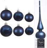 Grand paquet de boules de Noël en verre bleu foncé brillant/mat 50x pièces - 4-6-8 cm incl. étoile mat 26 cm