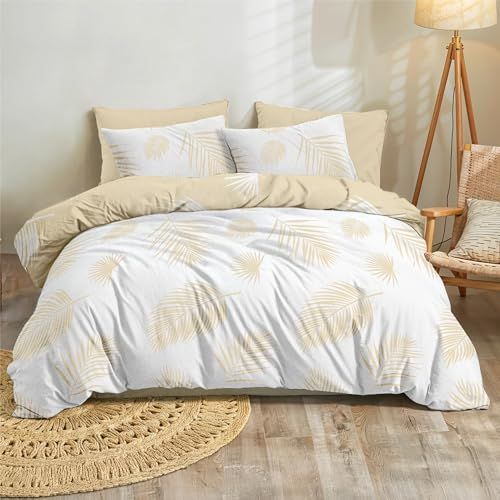 Dreamzie Dekbedovertrek 220x240 cm met 2 Kussenslopen 65x65 cm, Beige Wit Tropisch Palmbladerenpatroon