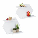 Relaxdays wandrek hexagon, set van 2, elk met 2 plankjes, klein & groot muurrek, wandplank, wit