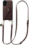 AVY Leren Hoesje geschikt voor Apple iPhone 16 | Met Koord en Magnetische Kaarthouder | Compatibel met MagSafe | Leather Case met 130CM Koord & Wallet | Long Leather | Chocolate