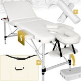tectake® 3-zone-massagetafel - Draagvermogen tot 220 kg - Mobiele massagebank - Set met rolkussens - Aluminium frame - Behandelbank - Inclusief draagtas - Cosmetische stoel - In hoogte verstelbaar - Afmeting (LxBxH) 210 x 95 x 63 - 89 cm - Wit