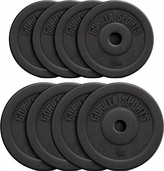Gorilla Sports Halterschijven Set - 30 kg (4 x 5 & 4 x 2,5 kg) - Kunststof - 30 mm