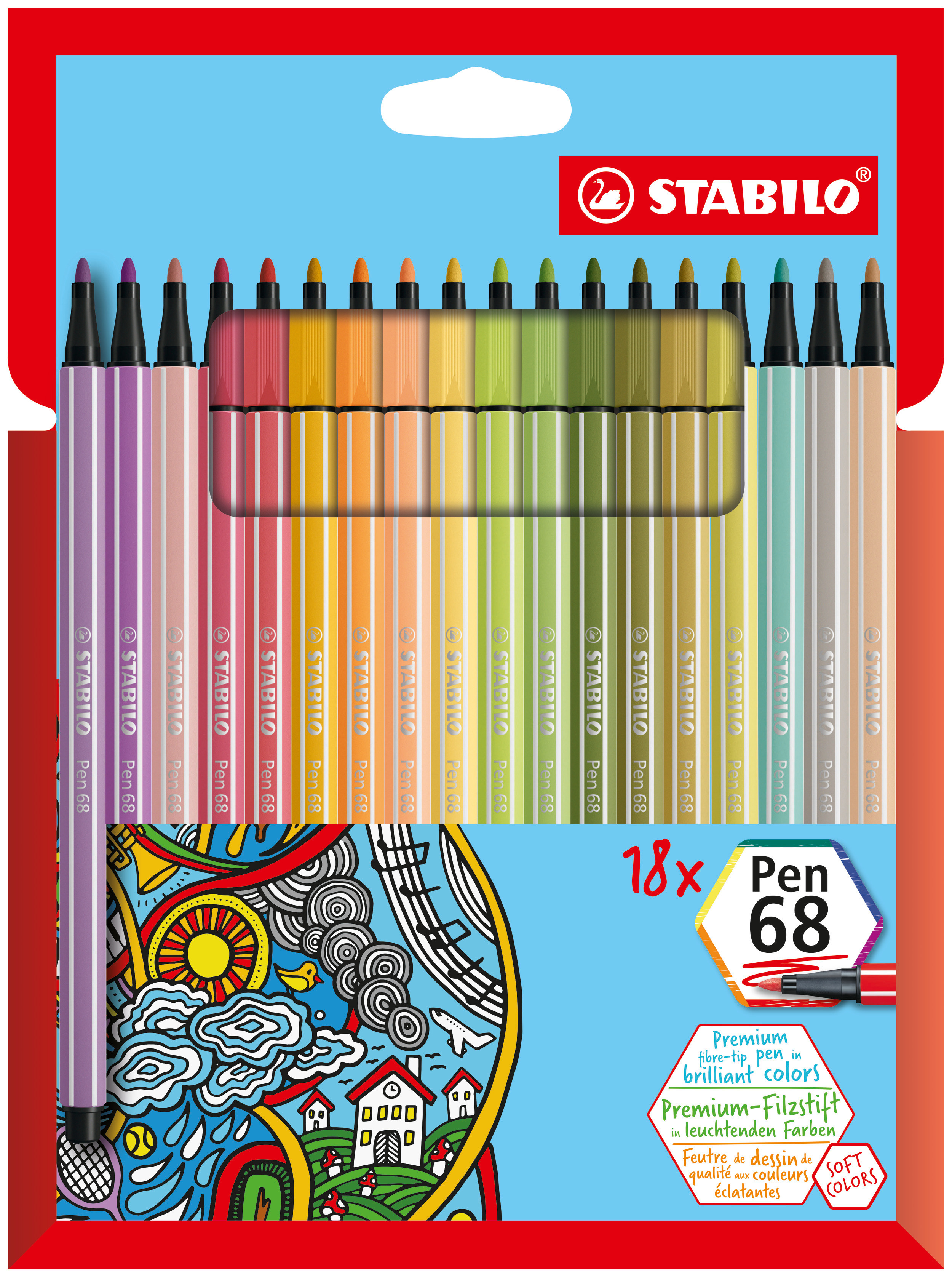 Stabilo Pen 68, premium viltstift, etui met 18 kleuren