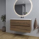 Saniclass Chaci Badkamermeubelset - 100x46x55cm - keramische wastafel wit - 1 wasbak - zonder kraangaten - 2 lades - ronde spiegel met verlichting - noten