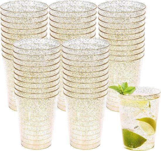Matana – 50 Plastic Feestbekers, 280ml – Met Gouden Glitter