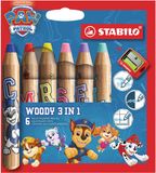STABILO woody 3 in 1 - PAW Patrol | Kleurpotlood, aquarelpotlood & waskrijt, Set van 6 met puntenslijper, met PAW Patrol bedrukking