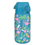 ION8 Lichtgewicht Stalen Kinderwaterfles, 400 ml/13 oz, Zonder Isolatie, Lekvrij, Makkelijk te Openen, Veilige Vergrendeling, Vaatwasserbestendig, Flipdop, Draaggreep, Duurzaam, Flamingos