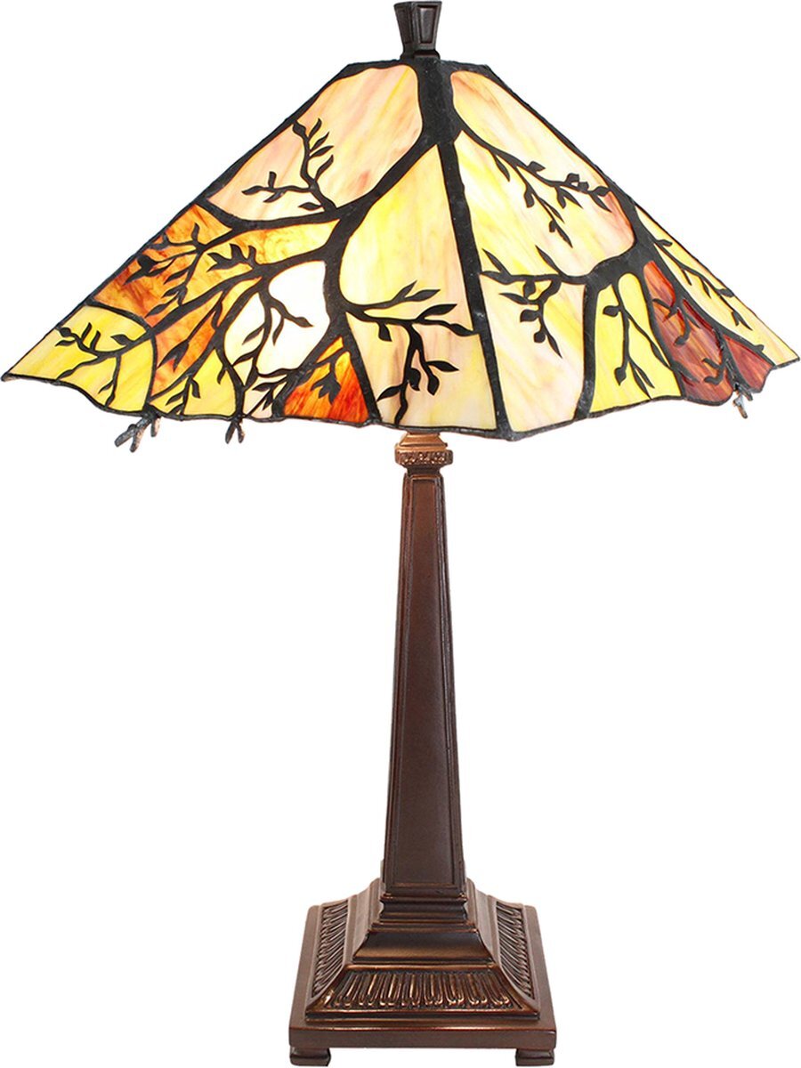 Lumilamp Tiffany Tafellamp Ø 36*57 cm E27/max 2*60W Beige, Bruin, Groen Glas, Metaal Tiffany Bureaulamp Tiffany Lampen