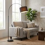 Alpinaluz Vloerlamp Boogvormige Zwarte Metalen Staande Lamp met Textiel Lampenkap en Anti-Glare Diffuser, Zware Marmeren Basis en E27 Fitting, Modern Design voor Woonkamer, Slaapkamer en Kantoorruimte