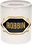 Bellatio Decorations Shoppartners Bv Spaarpot met voornaam Robbin - wit - met goud/zwart embleem - 8 x 9 cm - keramiek - met afsluitdop - cadeau verjaardag