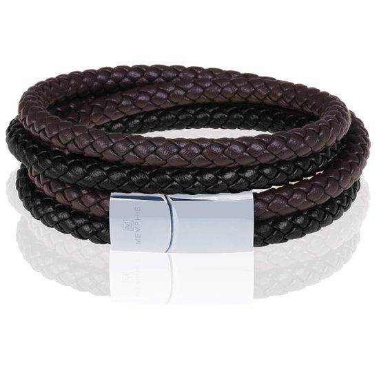 Memphis dubbele wrap armband Duo Leer Bruin Zwart Zilverkleurig-19cm