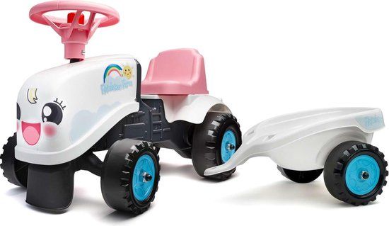 Falk Baby Rainbow Farm Ride-On Tractor - White/Pink - Includes Trailer - 20 kg Max.