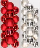 Decoris Kerstversiering 32x stuks kunststof kerstballen mix van rood en zilver 4 cm