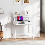 Bureau, Bureau D'Ordinateur, Style Néo-rétro, Tiroir, Niche, Étagère Métallique, Blanc