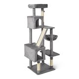 Amazon Basics Kattenkrabpaal, Kattenhuis met Meerdere Verdiepingen, incl. Krabpaal, Knusse Hangmat en Zitstokken voor Volwassen Katten, interactieve Hangbal, L – Hoogte 152,7cm (60,1in), Grijs