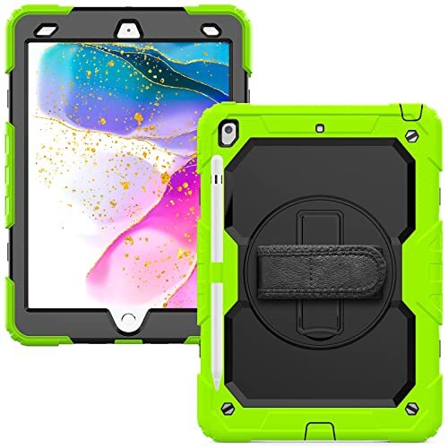 Spzhike Hoes voor iPad 9e / 8e / 7e generatie (iPad 10,2 inch), stootvaste robuuste pantserhoes met potloodhouder, draaibare standaard, polsriem, beschermhoes voor iPad 10,2 inch 2021/2020/2019