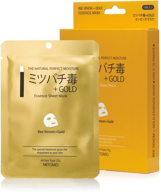 Mitomo Gold & Bee Venom Sheet Mask Japanse Gezichtsmasker met Goud & Bijengif Gezichtsverzorging Huidverzorging Skincare Beauty Mask Collageen opbouwend Anti-aging effect Waardevolle voedingstoffen voor een liftend effect 6 Stuks