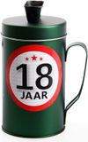 Shoppartners Spaarpot - 18 jaar geworden thema - verjaardag cadeau - Blik met sticker van 9 cm - blik in groen