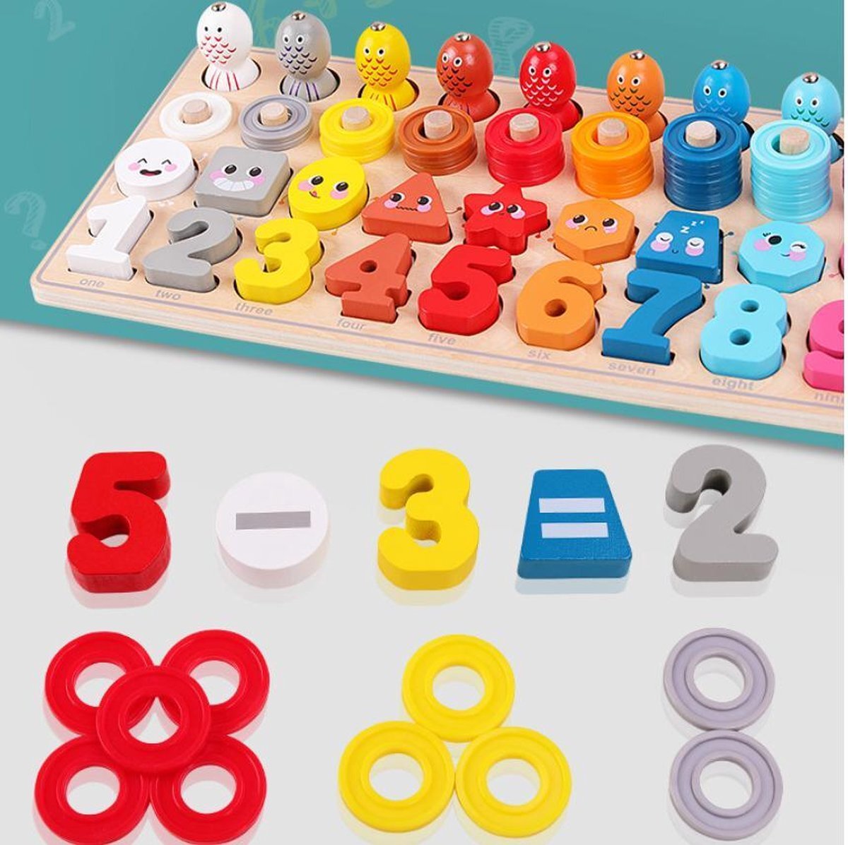 MyFidget 4-in-1 Visspel & Houten Nummer Puzzel & Houten Getallen Puzzel & Rekenpuzzel - Rekenen & Kleuren & Vormen & Nummer & Vormenpuzzel & Fishing Game- Tellen en stapelen - Wooden Blocks - Ik Leer Cijfers - Montessori speelgoed | Smartgames voor kinderen