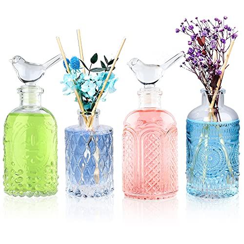 SuproBarware Reed Diffuser Glazen Flessen Lege Set van 4 DIY Clear Decoratieve Flessen Geur Vaas Potten Olie Diffusers Container met Sticks voor Thuiskantoor Bureau Bruiloft Valentine Decor Auto Meisje Vrouwen Gift