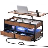 VEVOR Table basse avec plateau relevable, 1000 mm, table basse de salon rectangulaire avec poche de rangement supplémentaire, table basse escamotable avec multiprise, USB, éclairage d'ambiance, marron