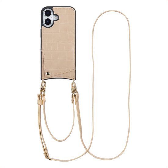 Selencia Hoesje - Geschikt voor Apple iPhone 17 - Croco Backcover met koord en pashouder - Beige